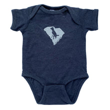 Load image into Gallery viewer, Navy Blue Baby Onesie with a silhouette of a dog South Carolina
